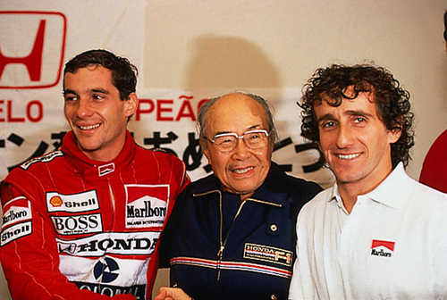  Zľava: Ayrton Senna, Soichiro Honda a Alain Prost