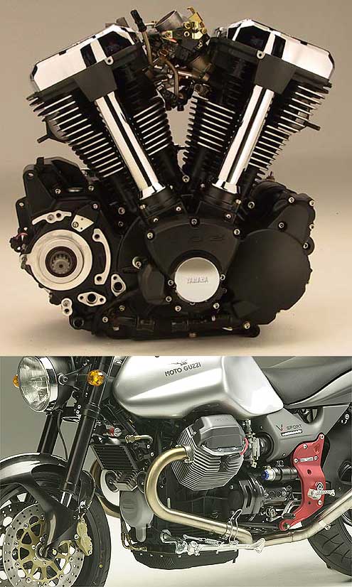  Vidlicový dvojválec - hore priečne montovaný (Yamaha Warrior) a dole pozdĺžne montovaný (Moto Guzzi)