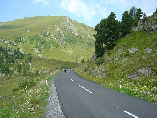  Foto 7: Začiatok klesania z druhého sedla (2024m) Nockalmstrasse. Je to možné, aby tu rástlo toľko horských kvetín, alebo to okolo cesty naozaj vysádzajú???